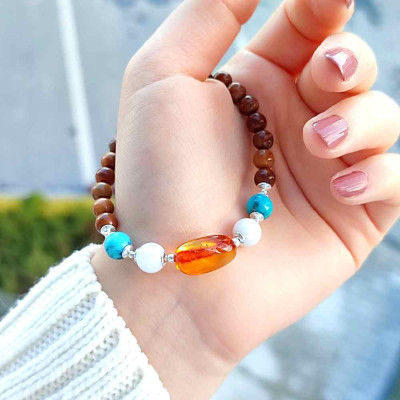 Natural Coke Wood Bracelet With turquoise , moonstone & amber