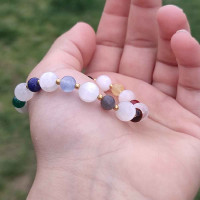 8mm White Selenite Stone Bracelet with 6mm Unique Chakra Stones and 925 Sterling Silver Spacers