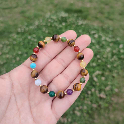 8mm Natural Tiger Eye Stone Bracelet with 6mm Unique Stones and 925 Sterling Silver Spacers
