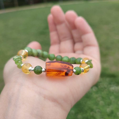 Multistone Bracelet , 8mm Canadian Jade ,  Peridot , citrine & Amber  Bracelet