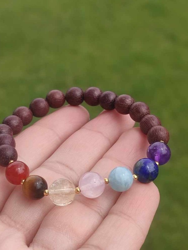 Multi Stone Bracelet , 8mm Natural wood with 7 stone Of Stones