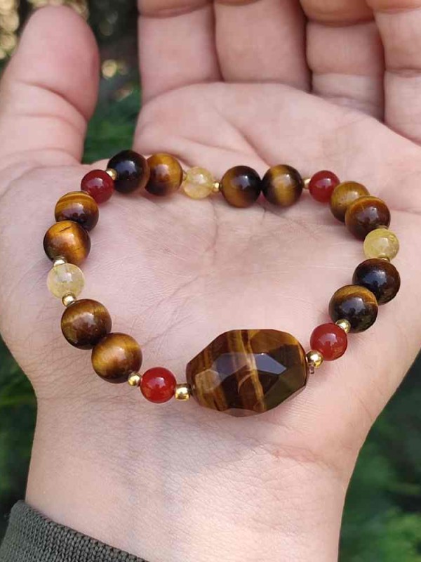 8mm Doğal Kaplan Gözü , Kırmzi akik& Sitrin Bileklik