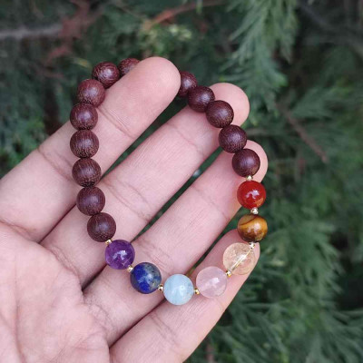 Multi Stone Bracelet , 8mm Natural wood with 7 stone Of Stones