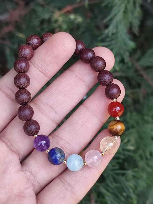 Multi Stone Bracelet , 8mm Natural wood with 7 stone Of Stones