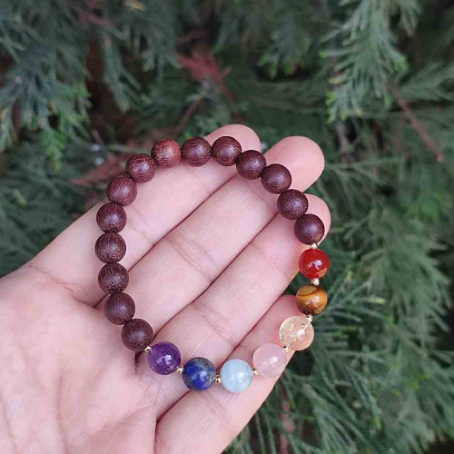 Multi Stone Bracelet , 8mm Natural wood with 7 stone Of Stones Multi Stone Bracelet , 8mm Natural wood with 7 stone Of Stones