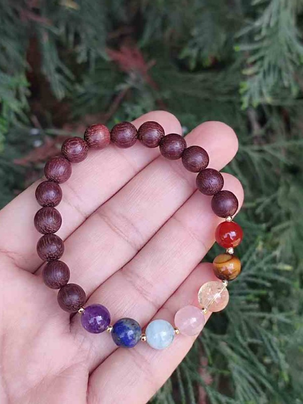 Multi Stone Bracelet , 8mm Natural wood with 7 stone Of Stones