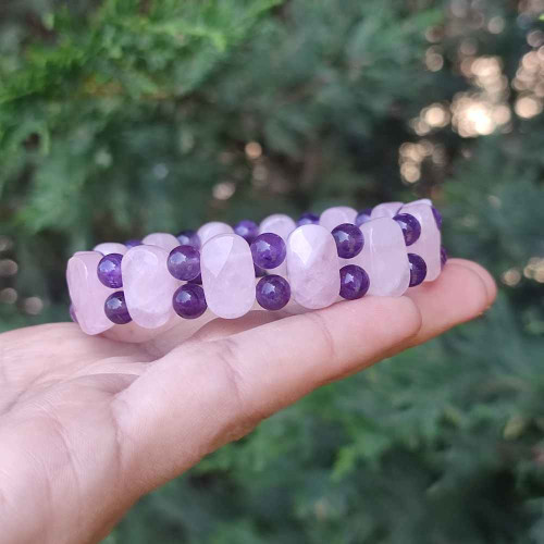 Natural Amethyst & Rose Quartz Gemstone Bracelet - Special Cut Natural Amethyst & Rose Quartz Gemstone Bracelet - Special Cut