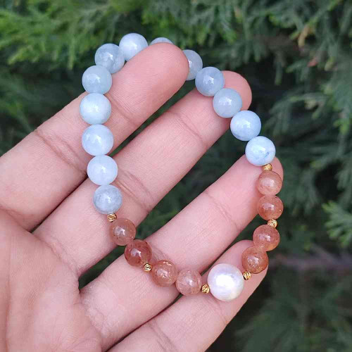 Multi Stone Bracelet , 8mm Aquamarine , sun stone & Pearl Bracelet Multi Stone Bracelet , 8mm Aquamarine , sun stone & Pearl Bracelet