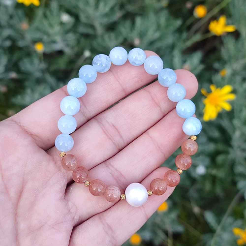 Multi Stone Bracelet , 8mm Aquamarine , sun stone & Pearl Bracelet Multi Stone Bracelet , 8mm Aquamarine , sun stone & Pearl Bracelet