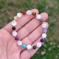8mm White Selenite Stone Bracelet with 6mm Unique Chakra Stones and 925 Sterling Silver Spacers