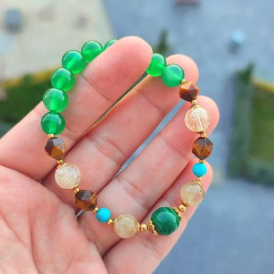 Multi Stone Bracelet , 8mm Green Agate , tiger eye , citrine , Turquoise & Malachite Stones Bracelet