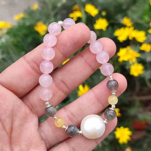 Multi Stone Bracelet , 8mm Rose Quartz ,citrine , labrodorete ,  & pearl Stones Bracelet