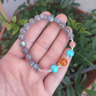 Multi Stone Bracelet , 8mm Labradorite , Tuquoise , Amber & Rhodochrosite Stones Bracelet