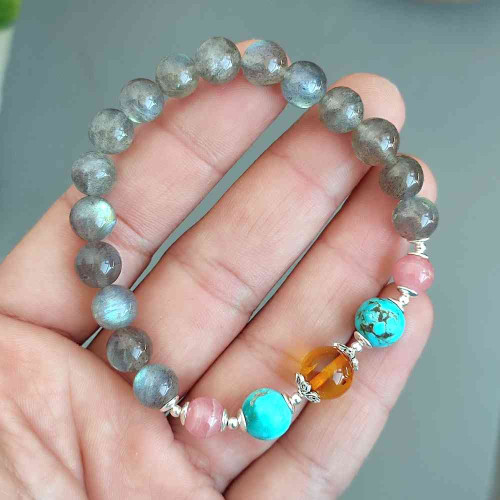 Multi Stone Bracelet , 8mm Labradorite , Tuquoise , Amber & Rhodochrosite Stones Bracelet Multi Stone Bracelet , 8mm Labradorite , Tuquoise , Amber & Rhodochrosite Stones Bracelet