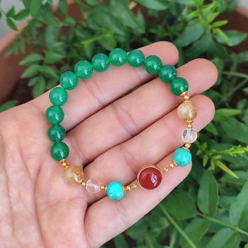 Multi Stone Bracelet , 8mm Green Agate , Red Agate , Turquoise & Golden Rutilated quartz Stones Bracelet Multi Stone Bracelet , 8mm Green Agate , Red Agate , Turquoise & Golden Rutilated quartz Stones Bracelet