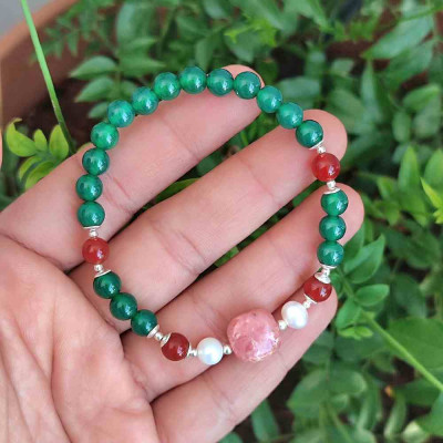 Multi Stone Bracelet , 6mm Green Agate , Red Agate , Rhodochrosite & Pearl Bracelet