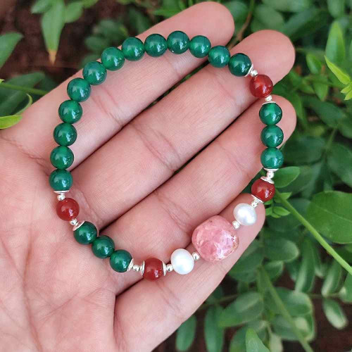Multi Stone Bracelet , 6mm Green Agate , Red Agate , Rhodochrosite & Pearl Bracelet Multi Stone Bracelet , 6mm Green Agate , Red Agate , Rhodochrosite & Pearl Bracelet