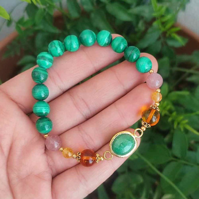 Multi Stone Bracelet , 8mm Malachite , Amber , Strawberry Quartz , Emerald & Citrine Stones Bracelet