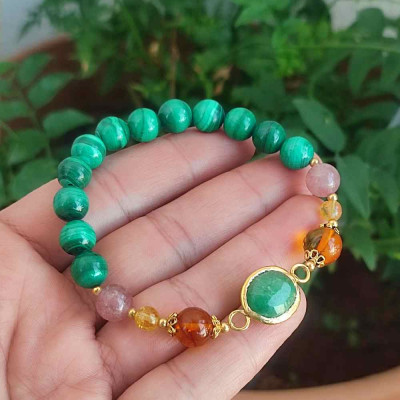 Multi Stone Bracelet , 8mm Malachite , Amber , Strawberry Quartz , Emerald & Citrine Stones Bracelet