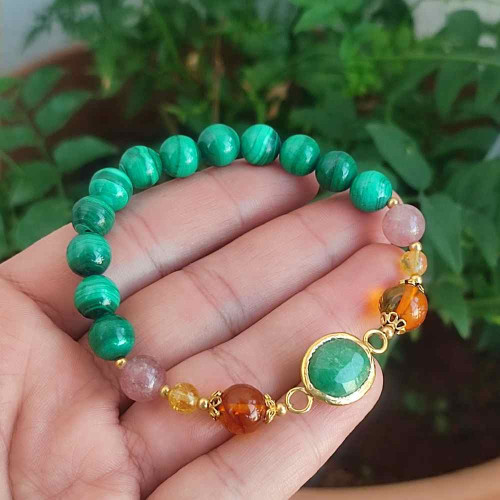 Multi Stone Bracelet , 8mm Malachite , Amber , Strawberry Quartz , Emerald & Citrine Stones Bracelet Multi Stone Bracelet , 8mm Malachite , Amber , Strawberry Quartz , Emerald & Citrine Stones Bracelet