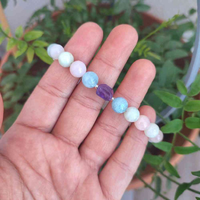 Multi Stone Bracelet , 8mm Natural Aquamarine , Morganite & Amethyst Stone Bracelet