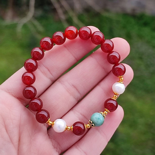 Multi Stone Bracelet , 8mm Red Agate , Emerald & Pearl Bracelet Multi Stone Bracelet , 8mm Red Agate , Emerald & Pearl Bracelet
