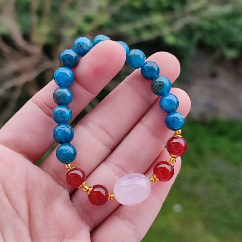 Multi Stone Bracelet , 8mm Natural Blue Apatite , Rose Quartz & Red Agate Stones Bracelet Multi Stone Bracelet , 8mm Natural Blue Apatite , Rose Quartz & Red Agate Stones Bracelet