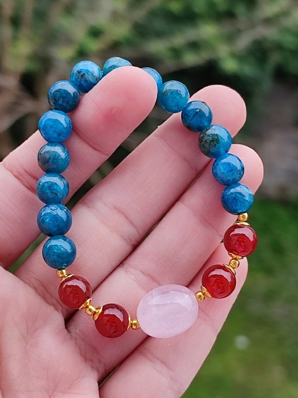 Multi Stone Bracelet , 8mm Natural Blue Apatite , Rose Quartz & Red Agate Stones Bracelet Multi Stone Bracelet , 8mm Natural Blue Apatite , Rose Quartz & Red Agate Stones Bracelet
