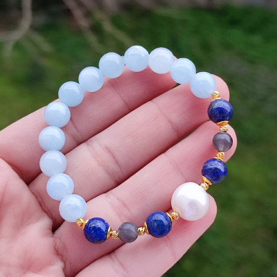 Multi Stone Bracelet , 8mm Aquamarine , Lapis Lazuli , Labradorite & Pearl Bracelet