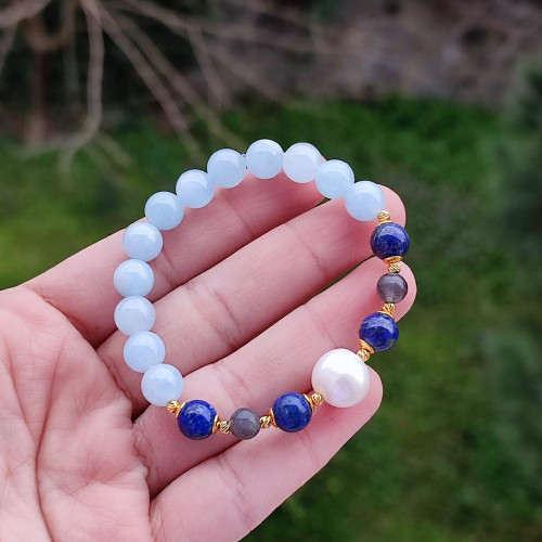 Multi Stone Bracelet , 8mm Aquamarine , Lapis Lazuli , Labradorite & Pearl Bracelet Multi Stone Bracelet , 8mm Aquamarine , Lapis Lazuli , Labradorite & Pearl Bracelet