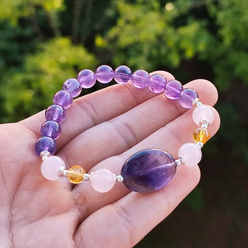 Multi Stone Bracelet , 8mm Amethyst , Rose Quartz & Citrine Bracelet