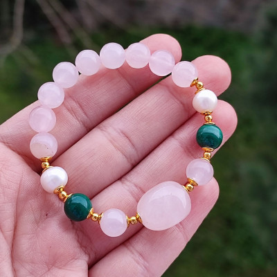 Multi Stone Bracelet , 8mm Rose Quartz , Malachite & Pearl Bracelet