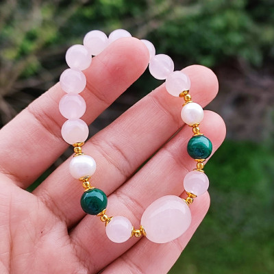 Multi Stone Bracelet , 8mm Rose Quartz , Malachite & Pearl Bracelet