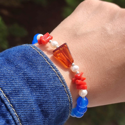 Multi Stone Bracelet , 8mm Blue Agate , Natural Red Coral, Pearl & Amber Bracelet