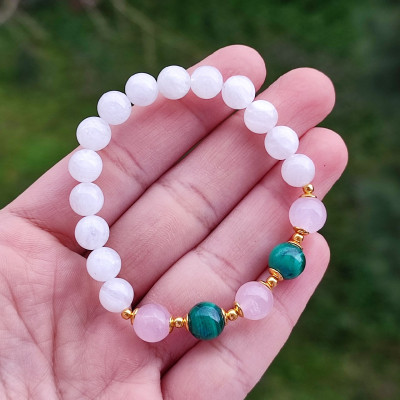 Multi Stone Bracelet , 8mm Moonstone , Rose Quartz & Malachite Stones Bracelet