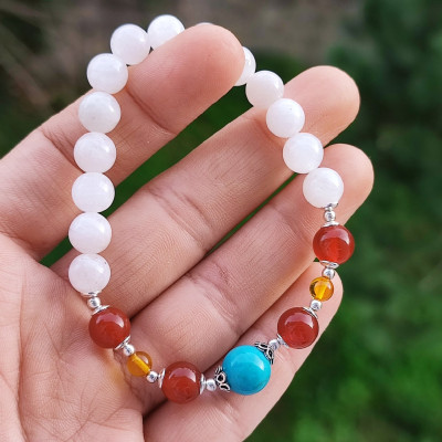 Multi Stone Bracelet , 8mm Moonstone , Red Agate , Amber & Turquoise Stones Bracelet
