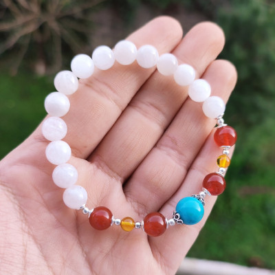 Multi Stone Bracelet , 8mm Moonstone , Red Agate , Amber & Turquoise Stones Bracelet