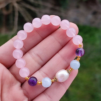 Multi Stone Bracelet , 8mm Rose Quartz , Amethyst , Aquamarine & Pearl Bracelet