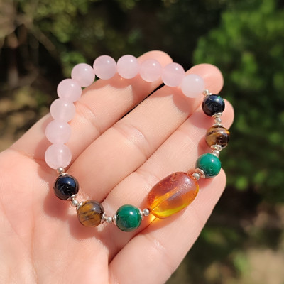 Multi Stone Bracelet , 8mm Rose Quartz , Black Tourmaline , Malachite , Tiger Eye & Amber Bracelet