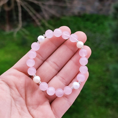 Multi Stone Bracelet , 8mm Rose Quartz & Pearl Bracelet