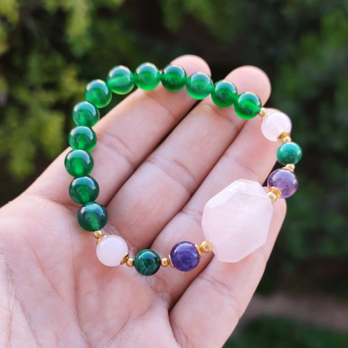 Multi Stone Bracelet , 8mm Green Agate , Rose Quartz , Malachite & Amethyst Stones Bracelet Multi Stone Bracelet , 8mm Green Agate , Rose Quartz , Malachite & Amethyst Stones Bracelet