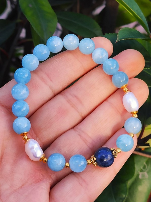 8mm Akuamarin , Safir & İnci Bileklik