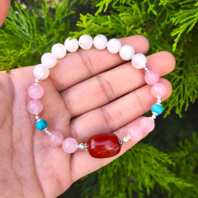 Multi Stone Bracelet , 8mm Moonstone , Rose Quartz , Turquoise & Red Agate Stones Bracelet