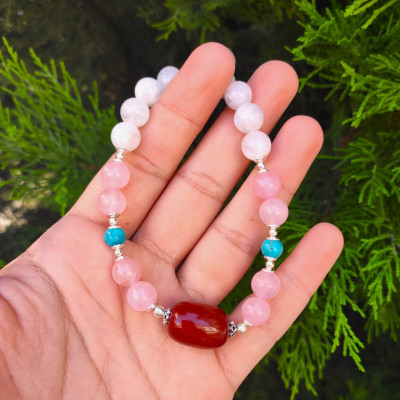 Multi Stone Bracelet , 8mm Moonstone , Rose Quartz , Turquoise & Red Agate Stones Bracelet