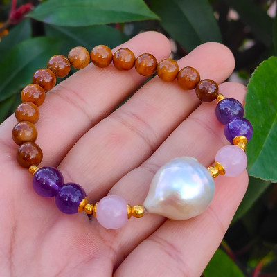 Natural Coke Wood Bracelet With Rose Quartz , Amethyst Stones & Pearl