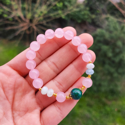 Multi Stone Bracelet , 8mm Rose Quartz , Aquamarine & Chrysocolla Bracelet