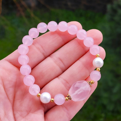 Multi Stone Bracelet , 8mm Rose Quartz & Pearl Bracelet