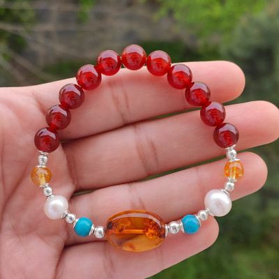Multi Stone Bracelet , 8mm Red Agate , Amber , Turquoise , Citrine & Pearl Bracelet