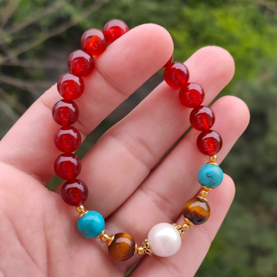 Multi Stone Bracelet , 8mm Red Agate , Turquoise , Tiger Eye Stones & Pearl Bracelet