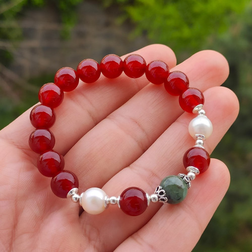 Multi Stone Bracelet , 8mm Red Agate , Emerald & Pearl Bracelet Multi Stone Bracelet , 8mm Red Agate , Emerald & Pearl Bracelet